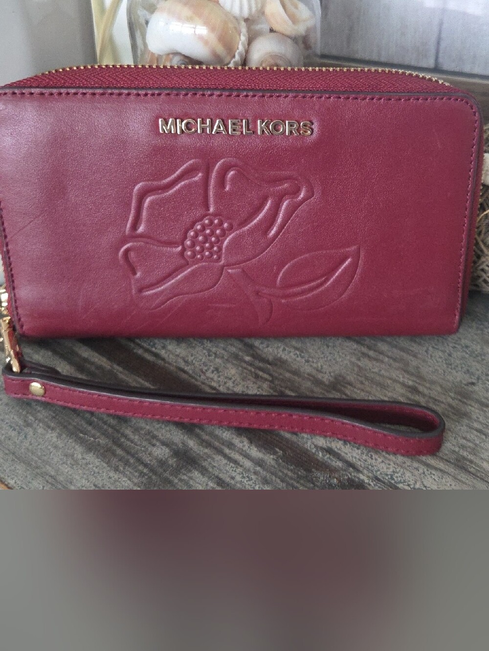 Michael Kors Burgundy Floral Embossed Zip Wristlet